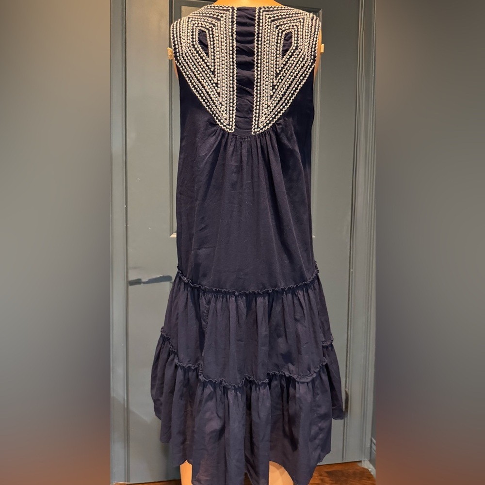 Navy Boho Embroidered Tiered Midi Dress Cotton Sleeveless Size S Klozlyne - Picture 4 of 8